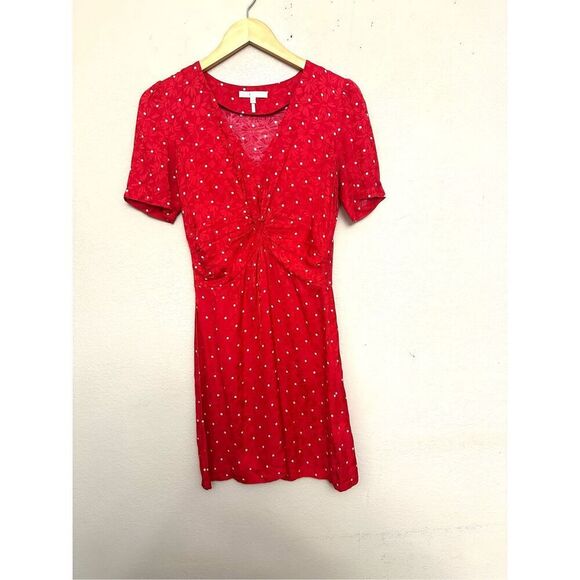 MAJE Womens Red Ripia Twist-Front Polka-Dot Floral Jacquard Mini Dress Sz M - Picture 1 of 8
